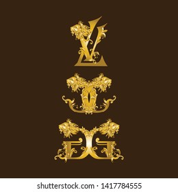 Golden vintage baroque metal elements and lion head​ Logos design VL, CC, GG
