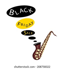 Golden Vintage Bass Saxophone Playing A Black Friday Sale Song, Sign for Start Christmas Shopping Season. 