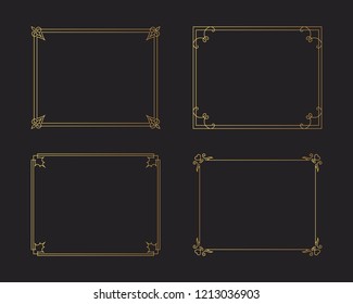 Golden vintage borders. Gold rectangular hand drawn swirl frames set. Vector isolated flourish design elements. 