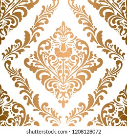 Golden vintage classic ornament. Seamless damask pattern. Elegant classic texture. Luxury Royal, Victorian, Baroque elements. Suitable for fabric, textile, wallpaper. Floral vector background.