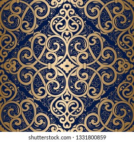 Golden vintage classic ornament. Seamless damask pattern. Elegant classic texture. Luxury Royal, Victorian, Baroque elements. Suitable for fabric, textile, wallpaper. Floral vector background.