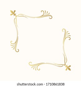 Golden vintage corner frame. Hand drawn gold antique swirl border.  Vector isolated classic wedding invitation card decor.