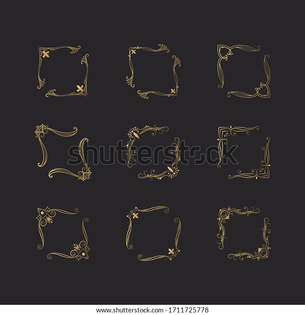 Golden vintage corner frames set. Ornate gold\
filigree borders.  Vector isolated swirl decor. Royal wedding\
invitation card\
templates.