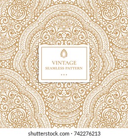 Golden vintage decorative seamless pattern. Lace, floral ornament illustration. Traditional, Arabic, Turkish, Indian motifs. Great for fabric and textile, wallpaper, packaging, or any desired idea.