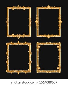 Golden vintage decorative vector frames set. Filigree border with text space illustration. Isolated calligraphic rectangles with copyspace. Invitation, greeting card, poster design element.