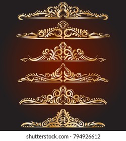 Golden vintage elements and borders set for ornate and decoration. Floral swirl design spa and royal logo elements