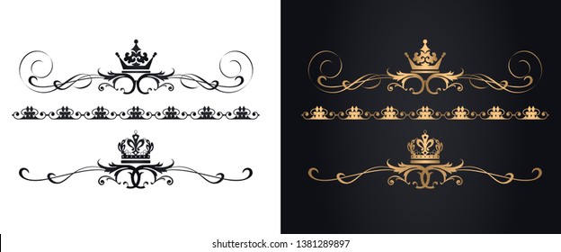 Golden vintage elements in Royal style on a black background and black elements on white. Templates are isolated. Vector retro illustration