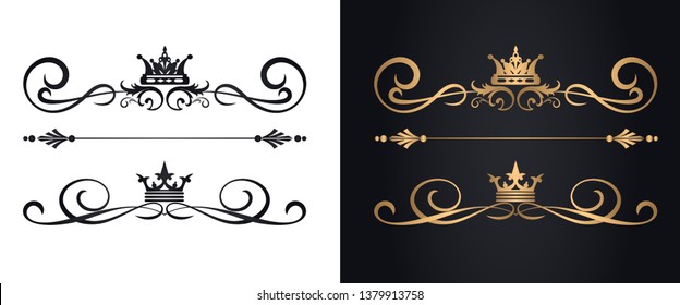 Golden vintage elements in vintage style on a black background and black elements on white. Templates are isolated. Vector illustration