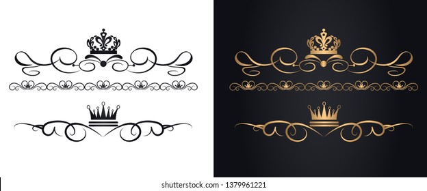 Golden vintage elements in vintage style on a black background and black elements on white. Graphic element. Isolated vector illustration