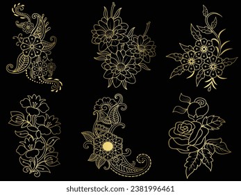 Golden vintage floral elements art deco style decorative border frames and dividers.