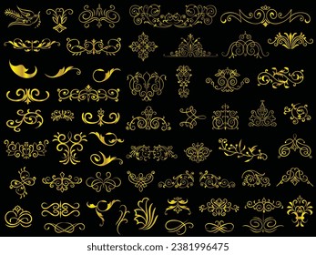 Golden vintage floral elements art deco style decorative border frames and dividers.