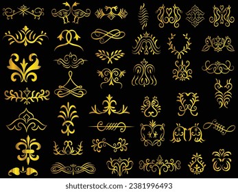 Golden vintage floral elements art deco style decorative border frames and dividers.