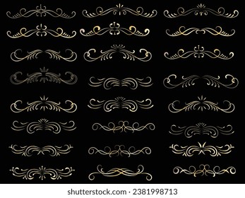 Golden vintage floral elements art deco style decorative border frames and dividers.