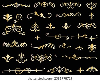 Golden vintage floral elements art deco style decorative border frames and dividers.