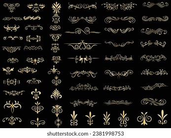 Golden vintage floral elements art deco style decorative border frames and dividers.