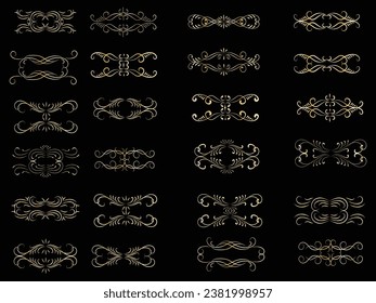 Golden vintage floral elements art deco style decorative border frames and dividers.
