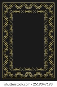 Golden vintage frame of A4 format with complex ornament and additional decor on a black background. Vector illustration