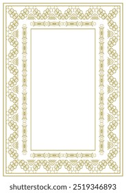 Golden vintage frame of A4 size with complex multi-layered decorative ornament. Vector illustration