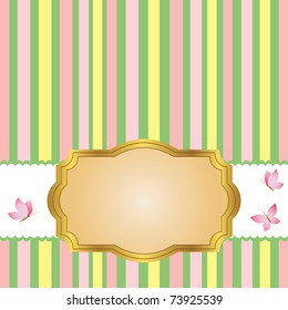 Golden vintage frame design for greeting card and butterflies. Vector.