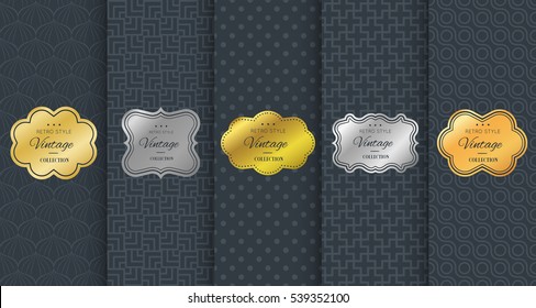 Golden vintage frame on black pattern background. Vector illustration for retro design. Gold abstract box. Label set. Elegant silver foil. Fashion dark interior decor. Ornamental wallpaper