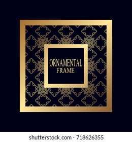Golden vintage frame on dark background. Linear luxury foil.