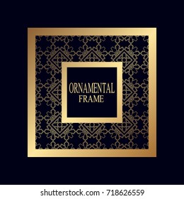 Golden vintage frame on dark background. Linear luxury foil.