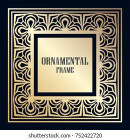 Golden vintage frame with place for text. Template for design. Vector illustration