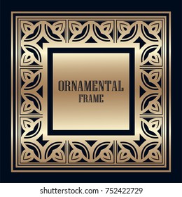 Golden vintage frame with place for text. Template for design. Vector illustration