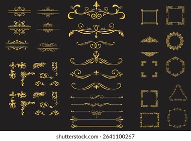golden vintage frames and borders on black background