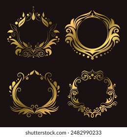 Golden vintage frames set. Vector illustration of antique style design elements for wedding invitation and greeting card. Collection of templates with copy space.