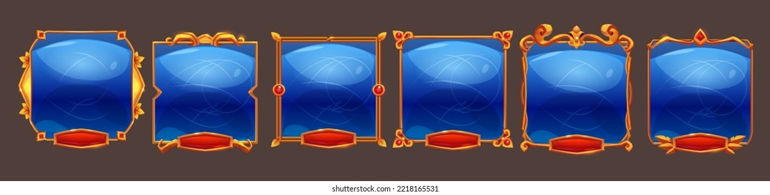 Golden vintage game frames, ui medieval square borders from metal, gems, blue panels with red buttons. Cartoon empty metallic bordering with gemstone isolated design elements, Vector illustration set