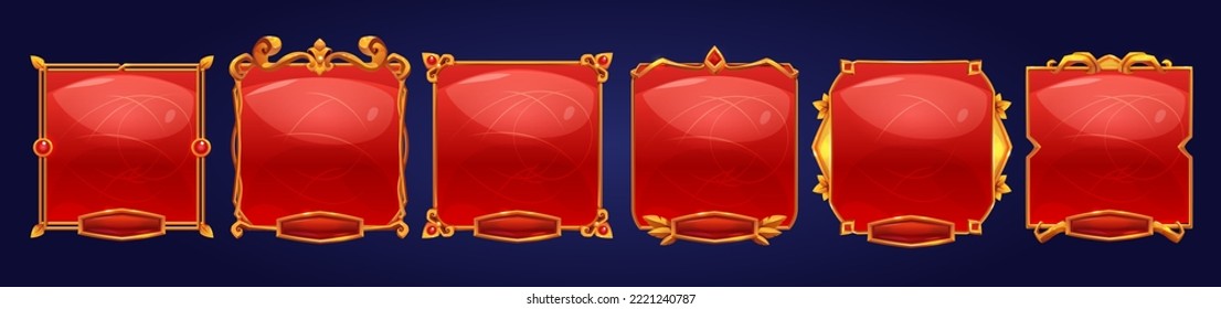 Golden vintage game frames, ui medieval square red buttons withnborders from metal, gems. Cartoon empty metallic bordering with gemstone isolated design elements, Vector illustration set