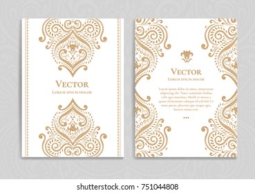 Golden vintage greeting card on a white background. Luxury ornament template. Great for invitation, flyer, menu, brochure, postcard, background, wallpaper, decoration, or any desired idea.