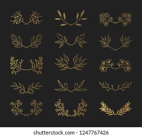 Golden vintage hand drawn floral laurel borders. Vector isolated elements. Wedding gold flourish dividers for invitation card.