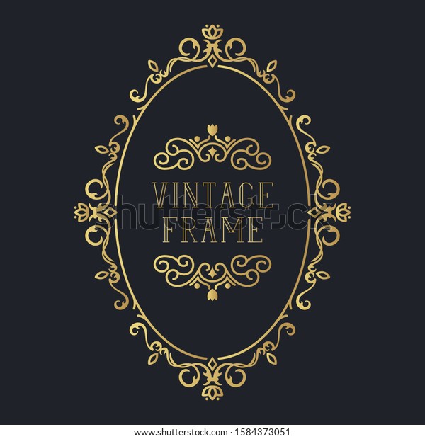 Golden vintage hand drawn oval royal frame.\
Vignette ornate classic gold wedding border. Vector isolated\
calligraphic invitation\
card.
