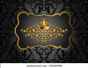 Golden vintage invitation card with lot of detailed elements on black background. Royal crown and swirls in baroque style.