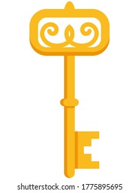 Golden vintage key. Antique key in cartoon style.