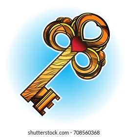 Golden vintage key with heart. Colored vector illustration isolated on white background for tattoos, printing on T-shirts, greeting cards for St. Valentine's Day and more.