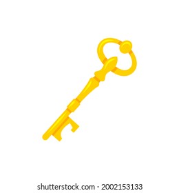 Golden vintage key, icon isolated. Retro gold antique object for closing and open doors or goal. Cartoon flat design. Vector illustration.