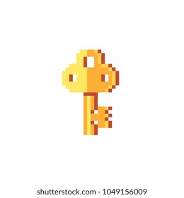 Golden vintage key pixel art icon isolated vector illustration on white background. Decorative element design for logo, sticker, web, mobile app. Game assets 8-bit sprite.