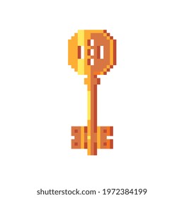 Golden vintage key pixel art icon isolated vector illustration on white background. Decorative element design for logo, sticker, web, mobile app. Game assets 8-bit sprite.
