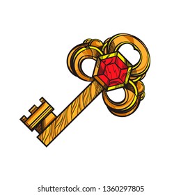 Golden vintage key with precious stone. Vector illustration isolated on white background for tattoos, greeting cards for St. Valentine's Day and much more.