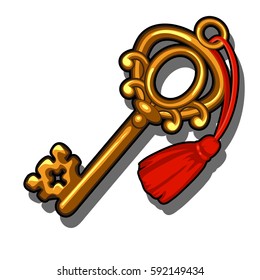 Golden vintage key with red tassel isolated on a white background. Cartoon vector close-up illustration.
