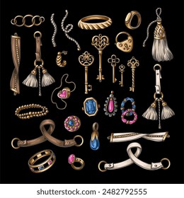 Golden vintage keys  and jewelry isolated. Vector