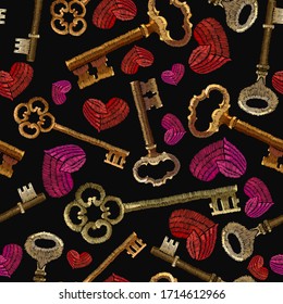 Golden vintage keys and red heart seamless pattern. Embroidery art. Romantic background. Love story concept. Template fashionable clothes, t-shirt design 