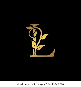 Golden Vintage Letter L Nature Floral  Leaves logo icon. Elegant Luxury design concept floral leaves with letter L gold color isolation on black background color.