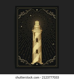Golden vintage lighthouse with engraving or hand drawn style, luxury, celestial, esoteric, boho style, fit for spiritualist, religious, paranormal, tarot reader, astrologer or tattoo vector