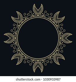 Golden vintage line art frame for design template. Element in Eastern style, barocco outline floral frame. Isolated ornate element, gold on black background. Elegant fashion lace
