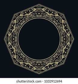 Golden vintage line art frame for design template. Element in Eastern style, barocco outline floral frame. Isolated ornate element, gold on black background. Elegant fashion lace
