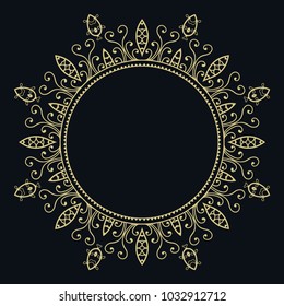 Golden vintage line art frame for design template. Element in Eastern style, barocco outline floral frame. Isolated ornate element, gold on black background. Elegant fashion lace